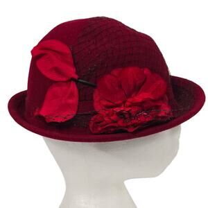 Vintage Betmar Cloche Hat Red Felt Wool Brim Winter Dressy Veil Fascinator Small